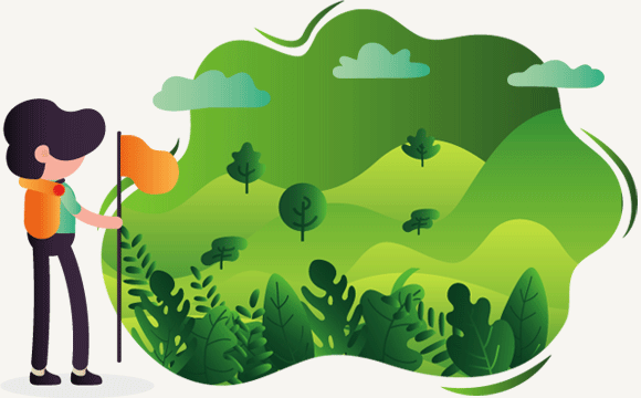 Person planting a green flag in a forest landscape